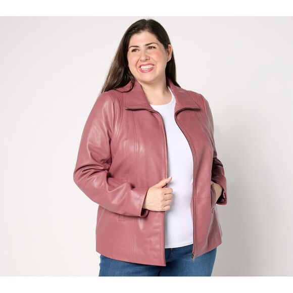 Denim & Co. Women's Plus Sz Jacket 1X Lamb Leather Zip Front Seamed Pink A655647 - Picture 1 of 4